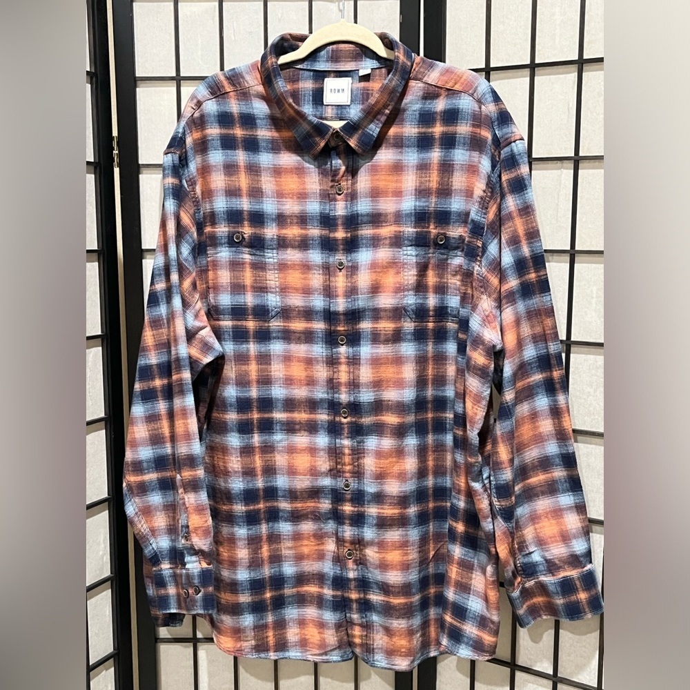 ROWM COASTAL DRIFTER BIGMAN LONG SLEEVE Plaid Shirt in Blue and Orange SIZE 4XB